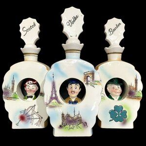 Vintage 1950s Elbro Decanters (3) Scotch Vodka Bourbon Hand Decorated Japan Rare